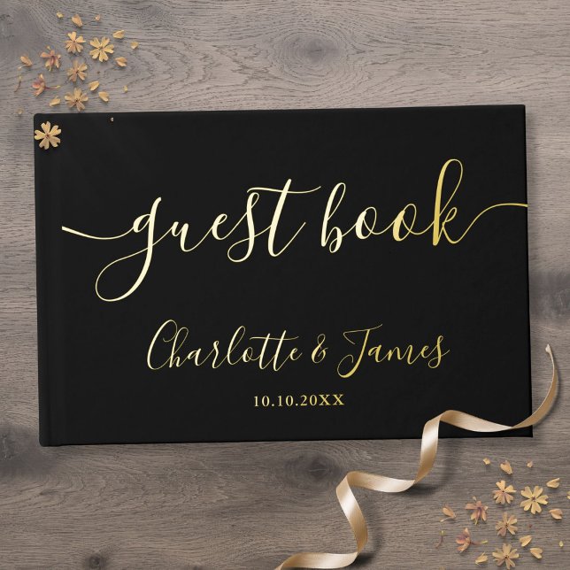 Elegant Black And Gold Signature Script Wedding Foil Guest Book (Elegant Black And Gold Signature Script Wedding Foil Guest Book)
