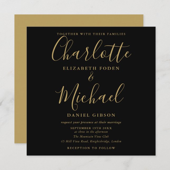Elegant Black And Gold Signature Script Wedding Invitation (Front/Back)