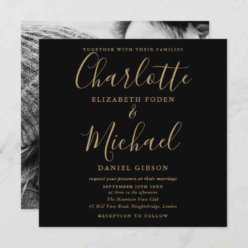 Elegant Black And Gold Signature Wedding Photo Invitation