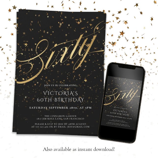 Elegant Black and Gold Sixty 60th Birthday Invitation (Creator Uploaded)