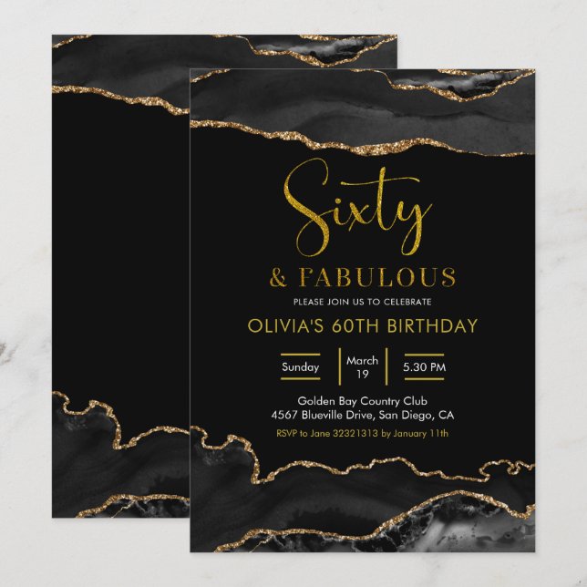 Elegant Black and Gold Sixty  and Fabulous Invitation (Front/Back)