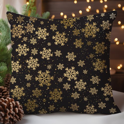 Elegant Black and Gold Snowflake Throw Pillow