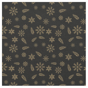 Elegant Black and Gold Snowflakes and Leaves  Fabric