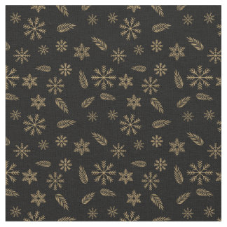 Elegant Black and Gold Snowflakes and Leaves Fabric