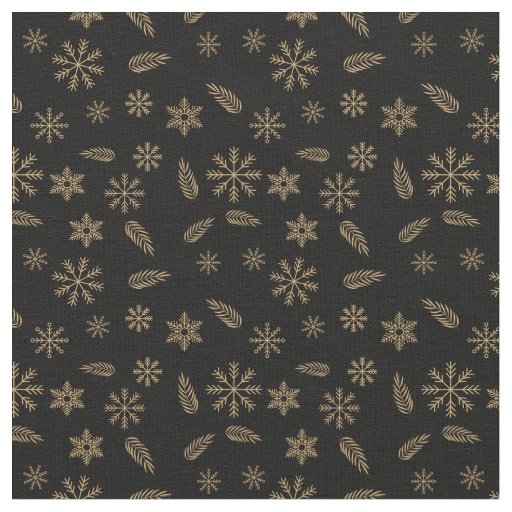 Elegant Black and Gold Snowflakes and Leaves  Fabric