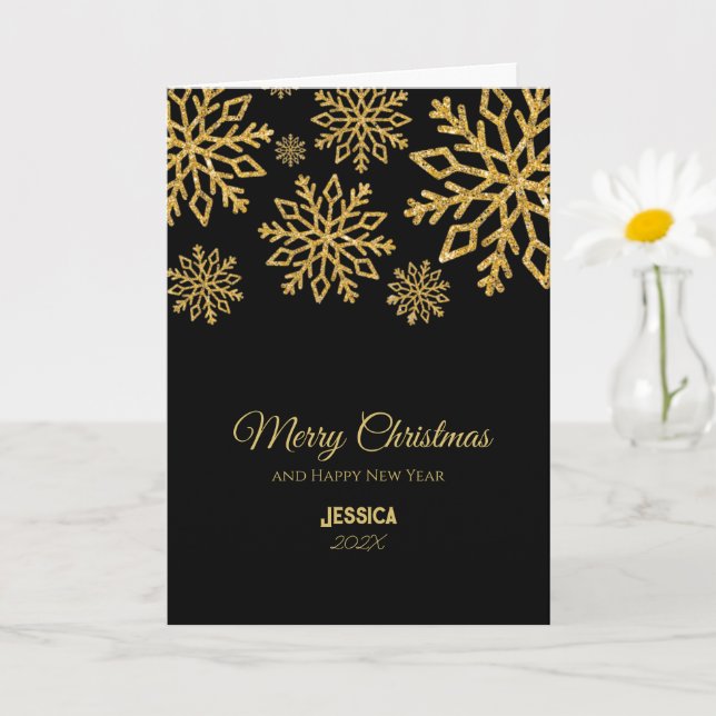 Elegant Black and Gold Snowflakes Christmas Name Card (Small Plant)
