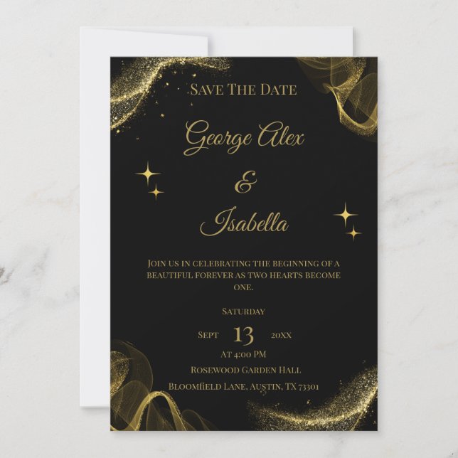 Elegant Black and Gold Sparkle Save the Date Card (Front)
