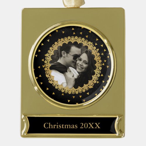 Elegant Black and Gold Sparkles Custom Photo Gold Plated Banner Ornament