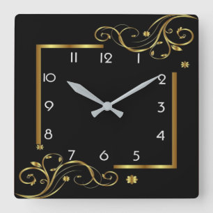 Elegant black and gold square wall clock