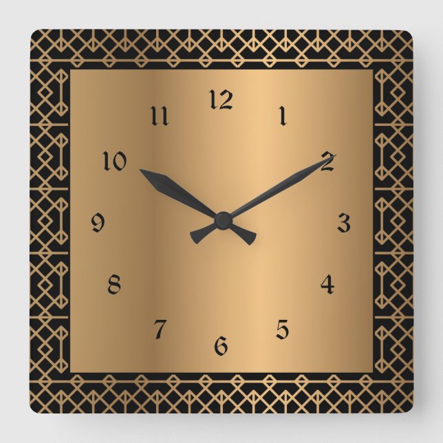 Elegant black and gold square wall clock (Front)