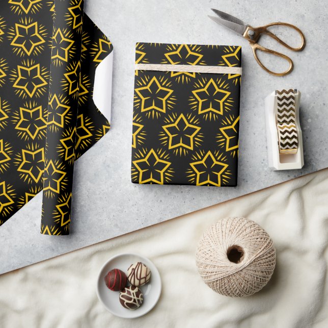Elegant Black and Gold Star Pattern Wrapping Paper (Crafts)