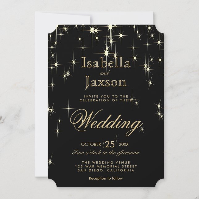 Elegant Black and Gold Starlights Wedding Invitation (Front)