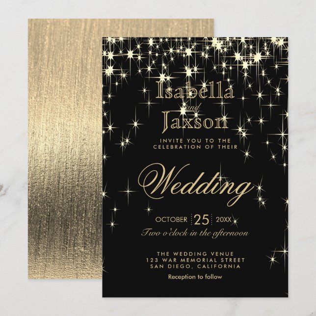 Elegant Black and Gold Starlights Wedding Invitation (Front/Back)