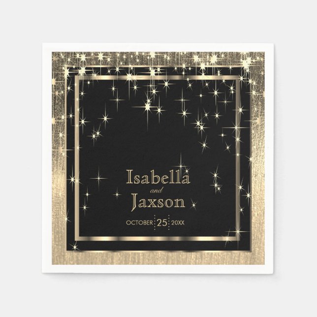Elegant Black and Gold Starlights Wedding Napkins (Front)
