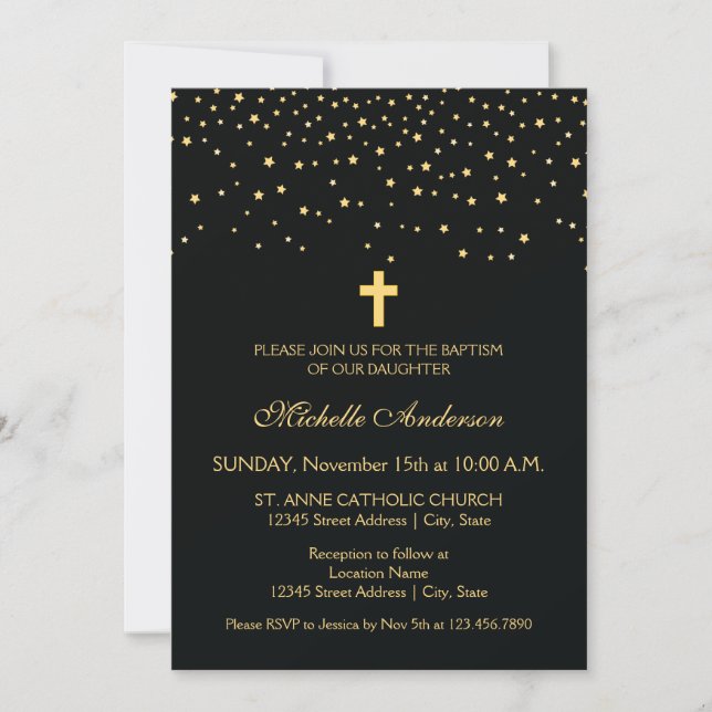 Elegant Black and Gold Stars Christening Baptism Invitation (Front)