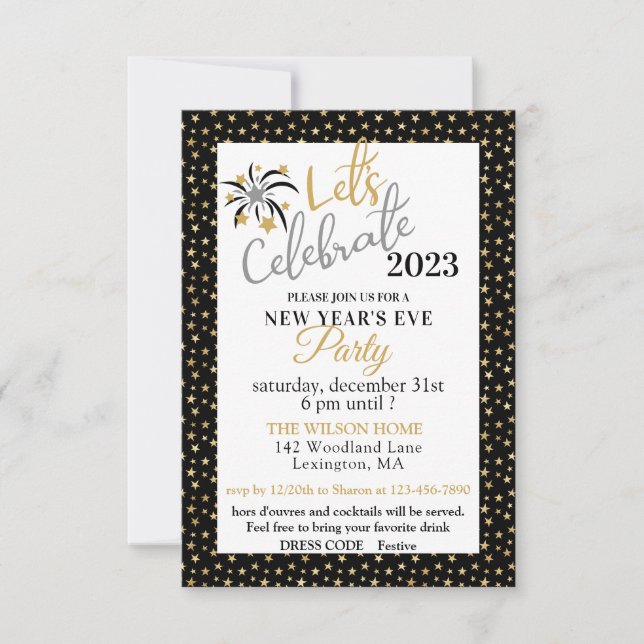Elegant Black and Gold Stars New Years Eve Party (Front)
