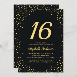 Elegant Black and Gold Stars Sweet 16 Birthday Invitation