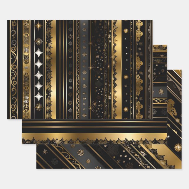 Elegant Black And Gold Striped Collection Wrapping Paper Sheets (Set)