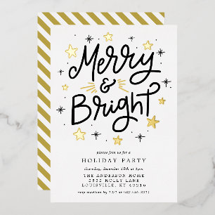 Elegant Black and Gold Striped Merry and Bright Foil Invitation