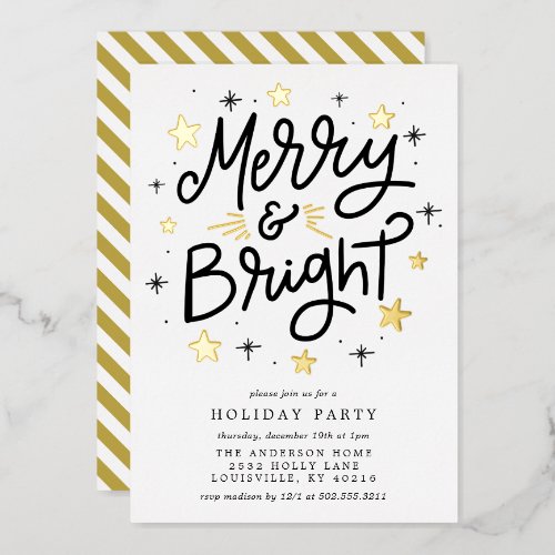 Elegant Black And Gold Striped Merry And Bright Foil Invitation