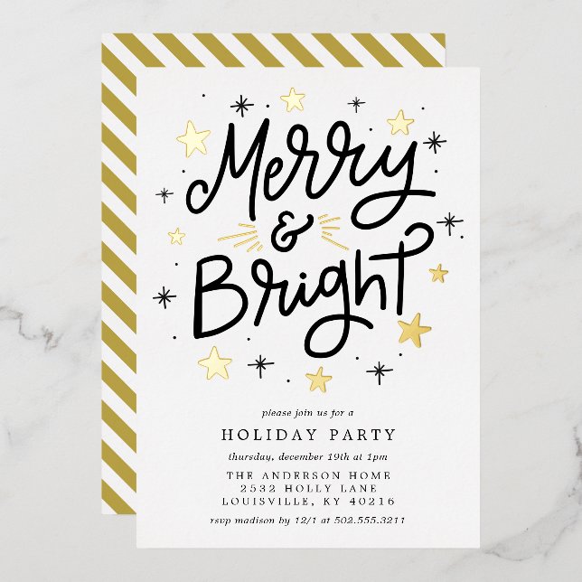 Elegant Black and Gold Striped Merry and Bright Foil Invitation (Front/Back)