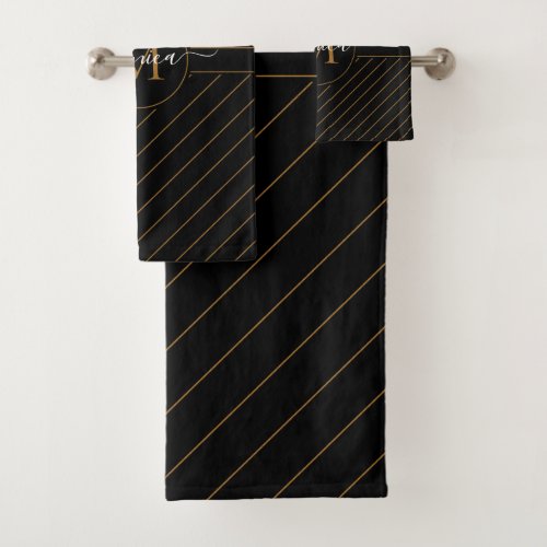Elegant Black and Gold Striped Monogram Name Bath Towel Set