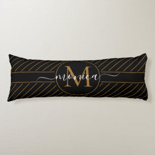 Elegant Black and Gold Striped Monogram Name Body Pillow