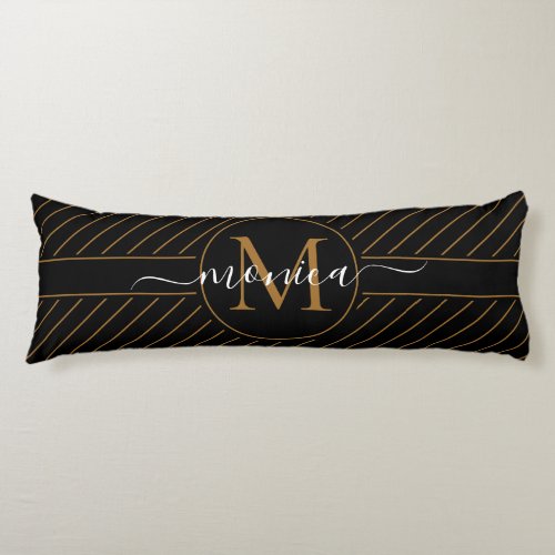 Elegant Black and Gold Striped Monogram Name Body Pillow