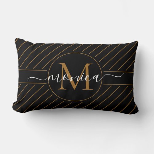 Elegant Black and Gold Striped Monogram Name Lumbar Pillow