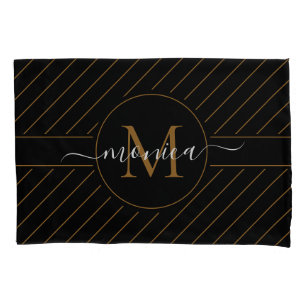 Elegant Black and Gold Striped Monogram Name Pillow Case