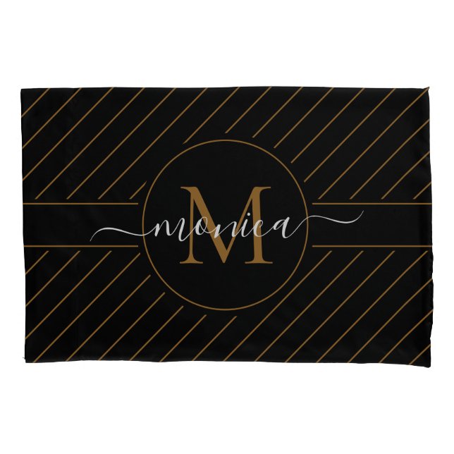 Elegant Black and Gold Striped Monogram Name Pillow Case (Front)