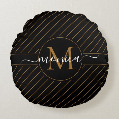 Elegant Black and Gold Striped Monogram Name Round Pillow