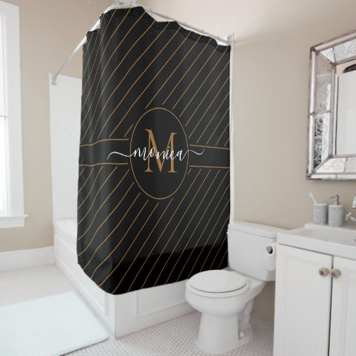 Elegant Black and Gold Striped Monogram Name Shower Curtain