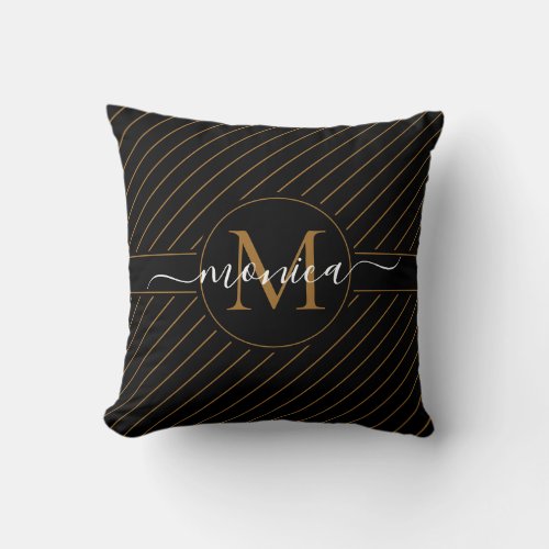 Elegant Black and Gold Striped Monogram Name Throw Pillow