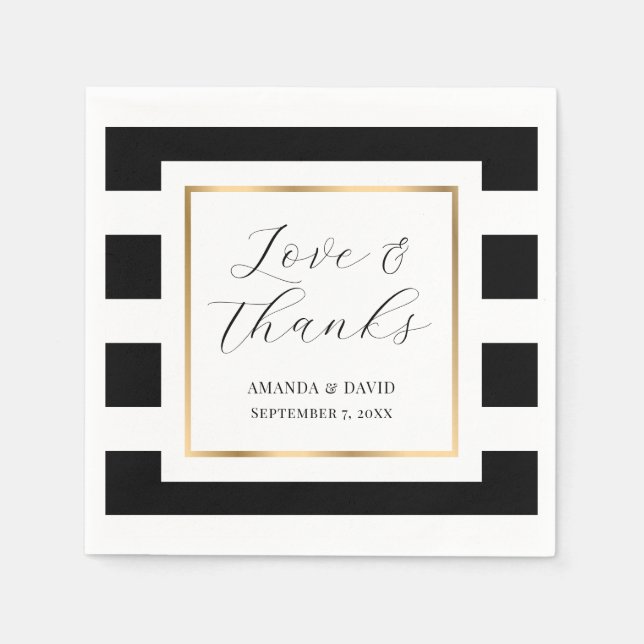 Elegant Black and Gold Striped Wedding Napkins (Front)