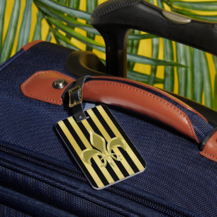 Elegant Black and Gold Stripes with Fleur-de-Lis Luggage Tag