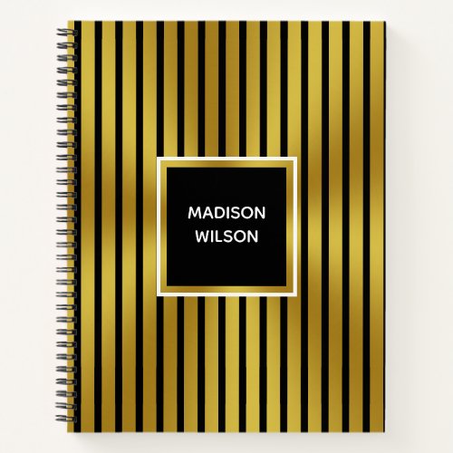 Elegant Black and Gold Stripes with Name Template Notebook