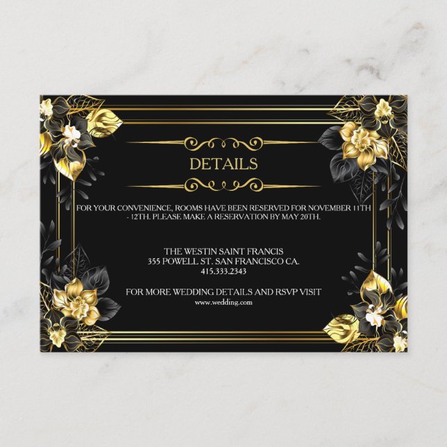 Elegant black and gold summer wedding enclosure card (Front)