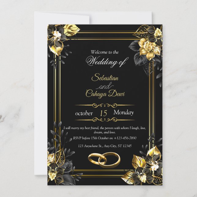 Elegant black and gold summer wedding invitation (Front)