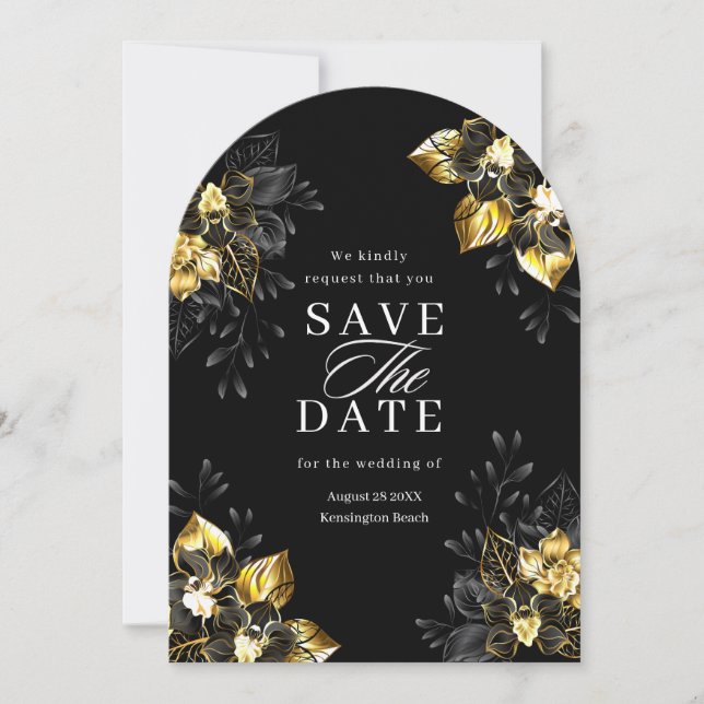 Elegant black and gold summer wedding save the date (Front)