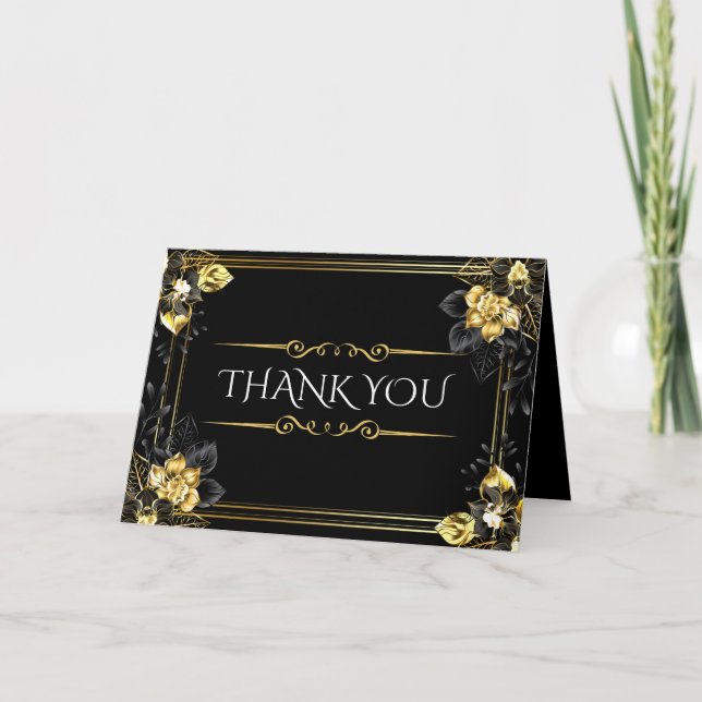 Elegant black and gold summer wedding thank you card (Front)