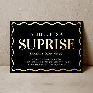 Elegant Black and Gold Surprise Birthday Party Foil Invitation