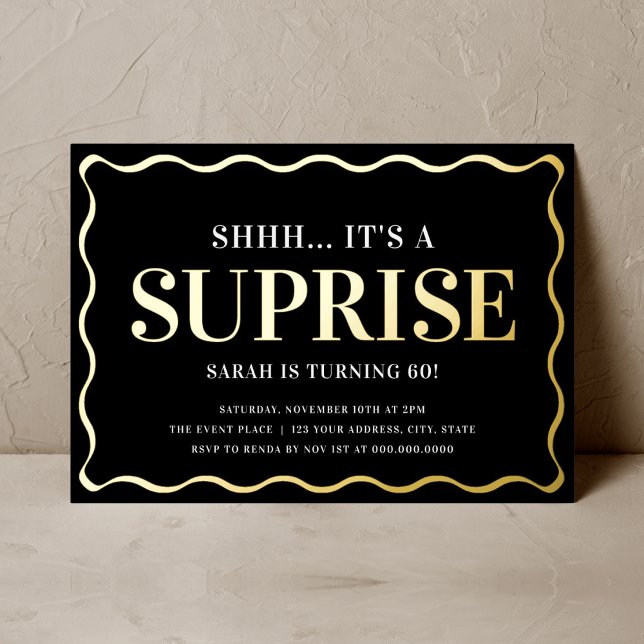 Elegant Black and Gold Surprise Birthday Party Foil Invitation (Creator Uploaded)