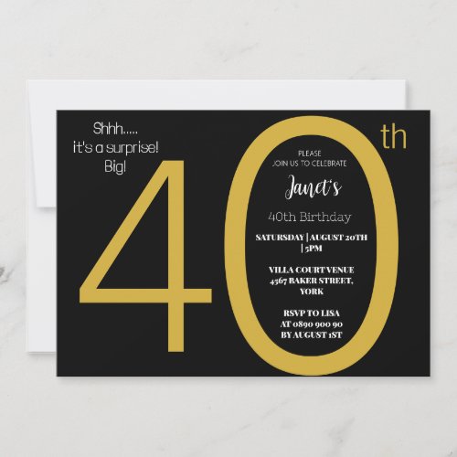 Elegant Black and Gold Surprise forty Birthday  Invitation