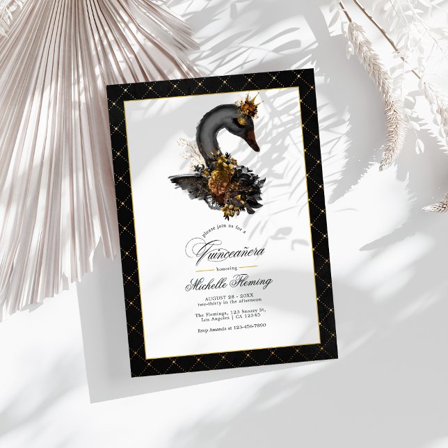 Elegant Black and Gold Swan Quinceañera Photo Invitation (Elegant Black and Gold Swan Quinceañera Photo Invitation)