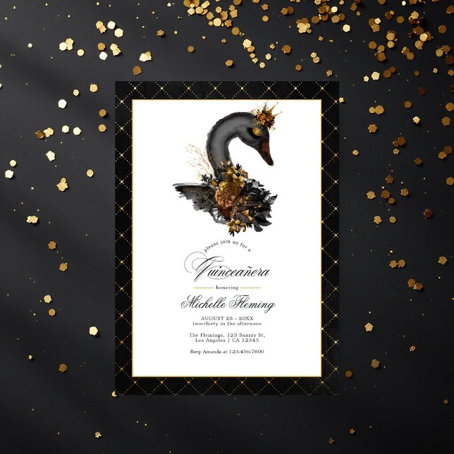 Elegant Black and Gold Swan Quinceañera Photo Invitation (Elegant Black and Gold Swan Quinceañera Photo Invitation)