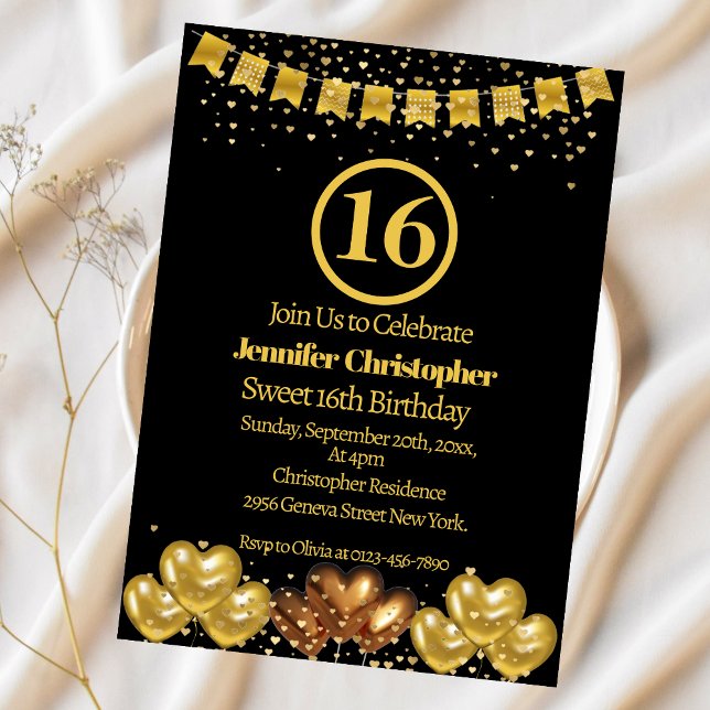 Elegant Black and gold Sweet 16 Birthday Party  Invitation (Creator Uploaded)