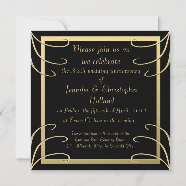 Elegant Black and Gold Swirl Anniversary Invitation (Front)