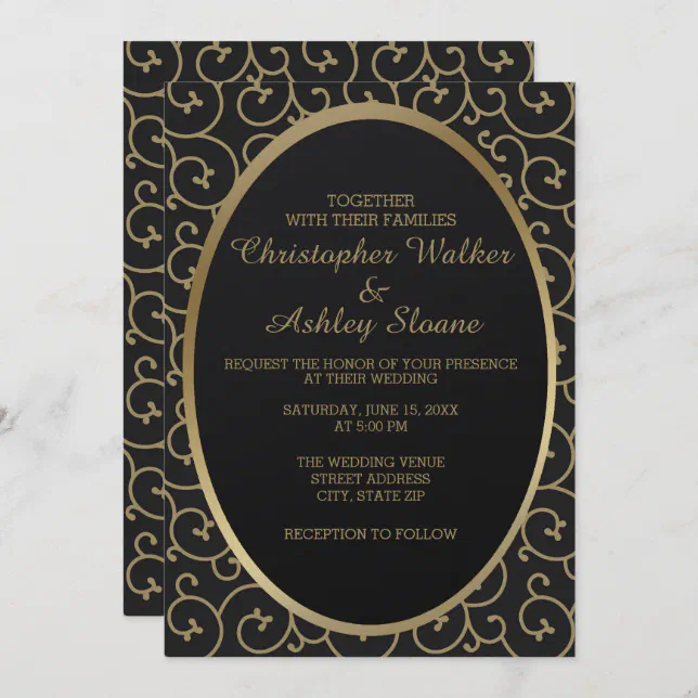 Elegant Black and Gold Swirls Wedding Invitation | Zazzle