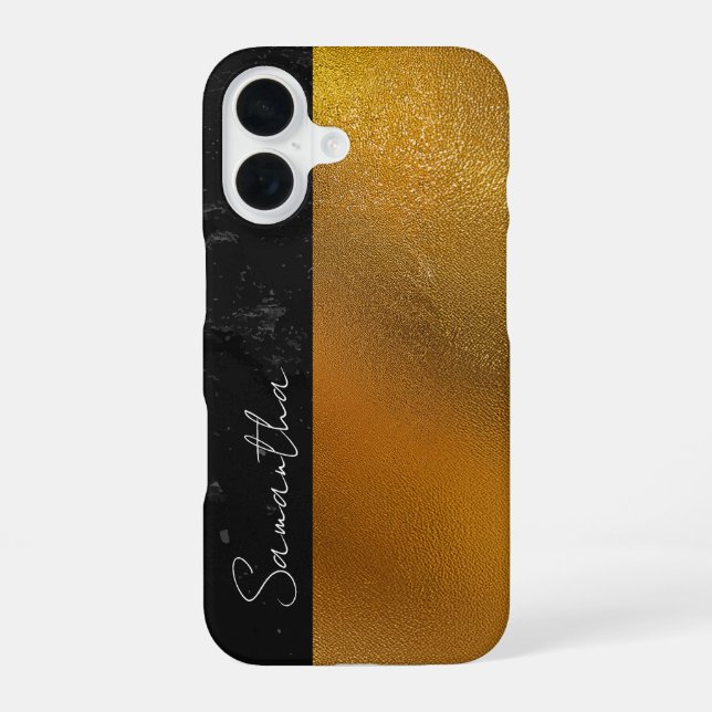 Elegant Black and Gold Textured Personalized Name iPhone Case (Back)
